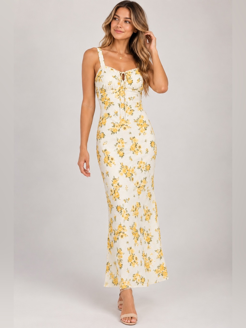 The Workshop Floral Maxi Dress Yellow Cream Adjustable Straps Size L